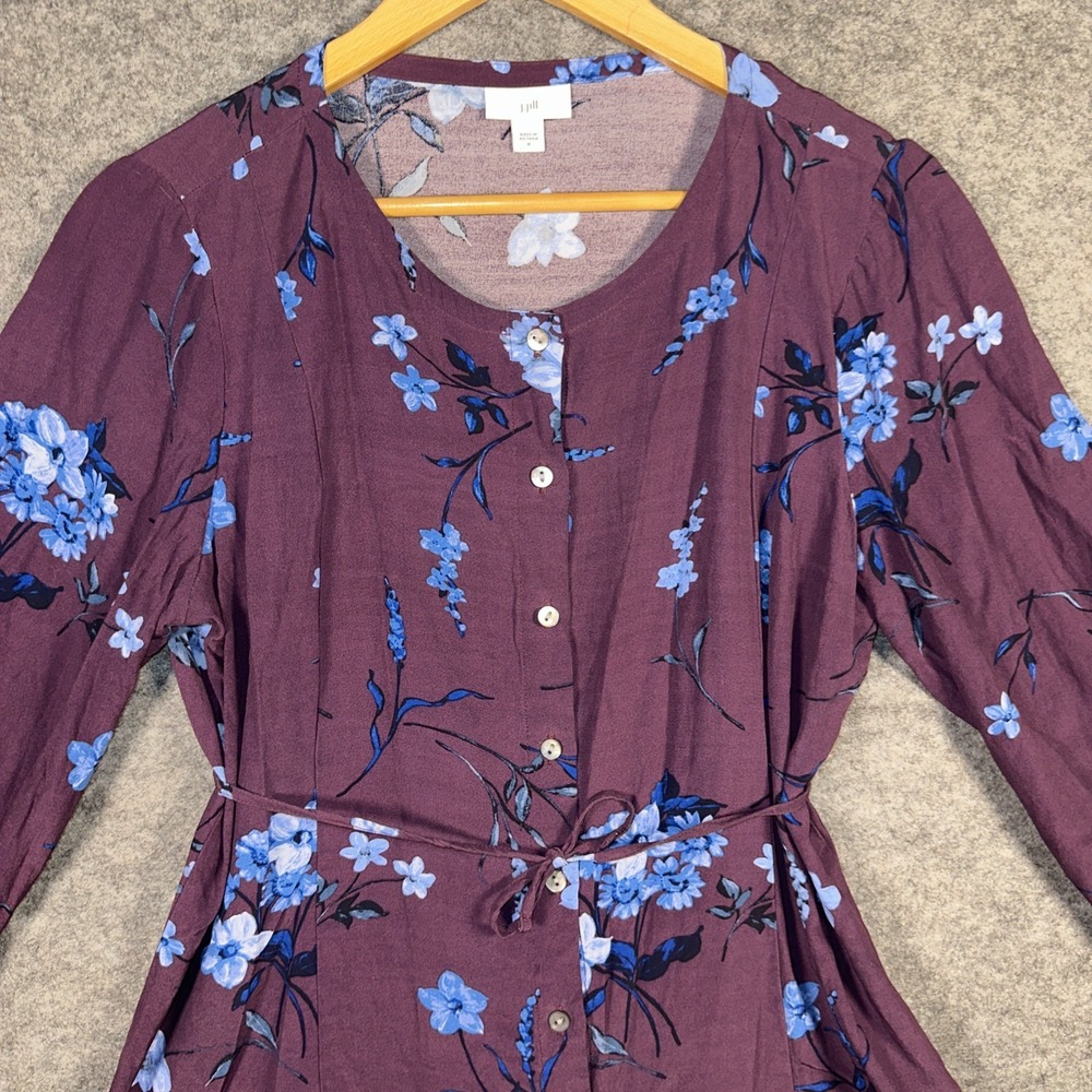 J Jill Shirt Womens Medium Purple Flared Sleeves Tunic Floral Back Tie Aubergine